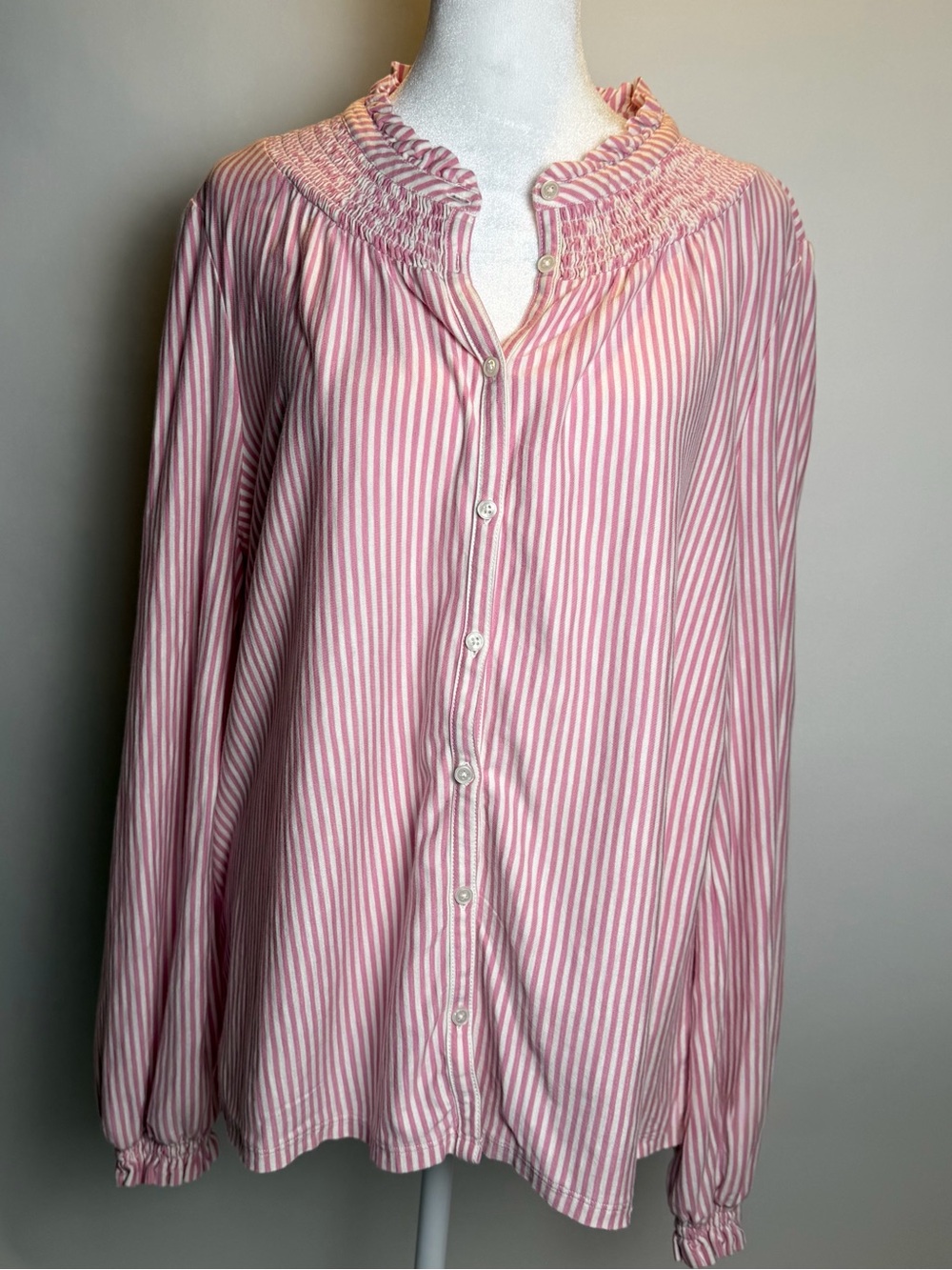 Boden Pink & White Striped Smocked Collar Button-Front Blouse